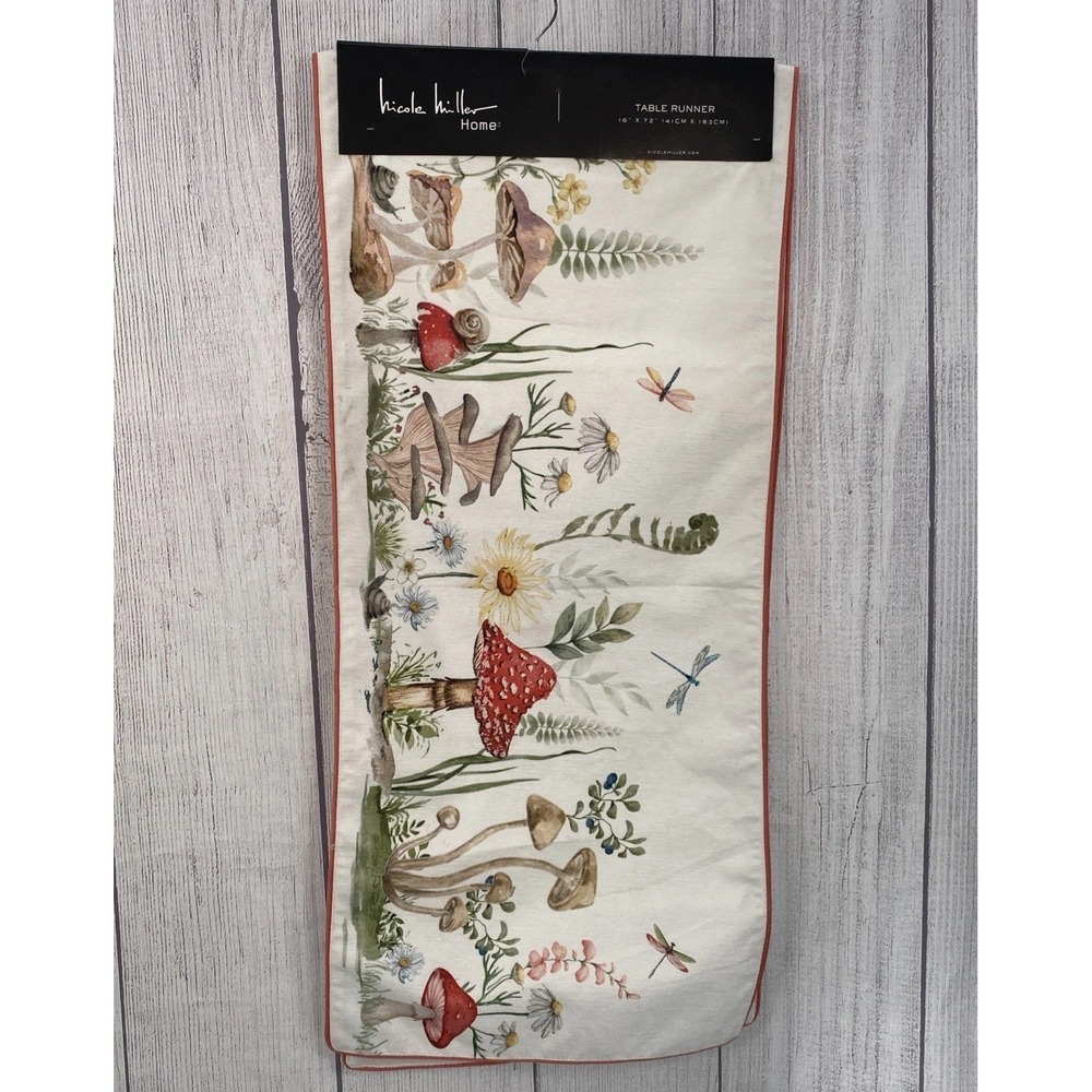 Nicole Miller Table Runner 16x72 Mushrooms Dragonfly Snail Floral Spring Garden
